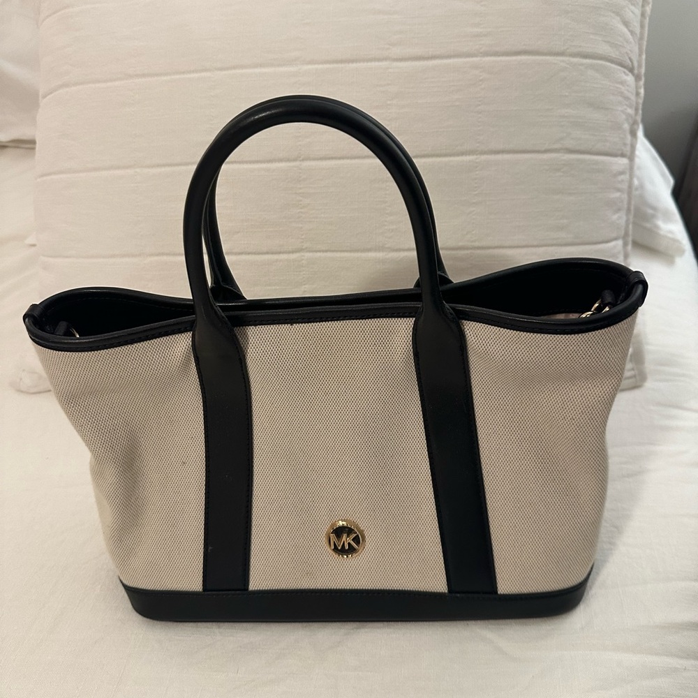 Michael Kors Medium Luisa Elegant Black and Canvas Cream Tote